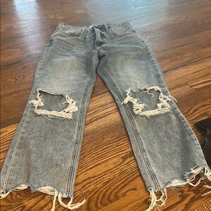 Blue Flare Wide Leg Jeans with Distressed Details